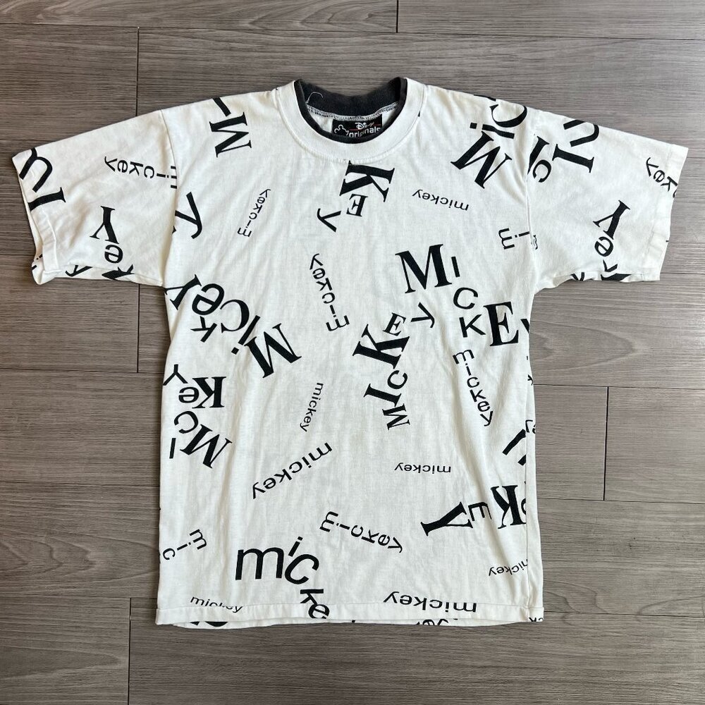 Vintage 90s Disney Originals Mickey All Over Print Typography T-Shirt Size M